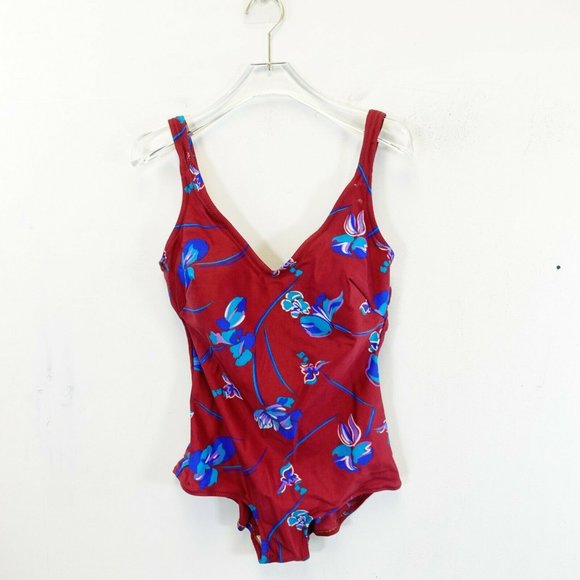 VINTAGE Rose‎ Marie Reid Red Blue One Piece 12 Swimsuit Floral Hi Cut Padded Fit - Picture 1 of 12